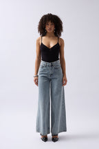 Front Ruched Strap Black Bodysuit
