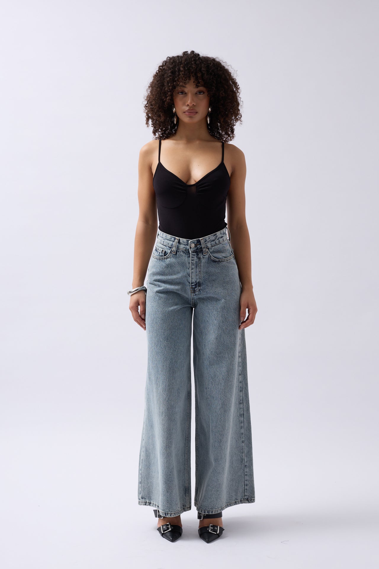 Front Ruched Strap Black Bodysuit