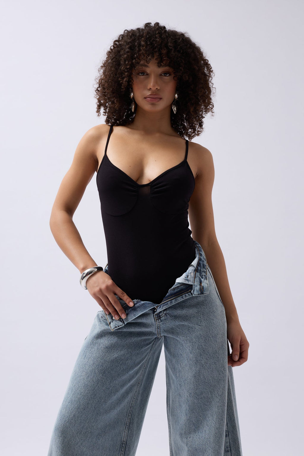 Front Ruched Strap Black Bodysuit