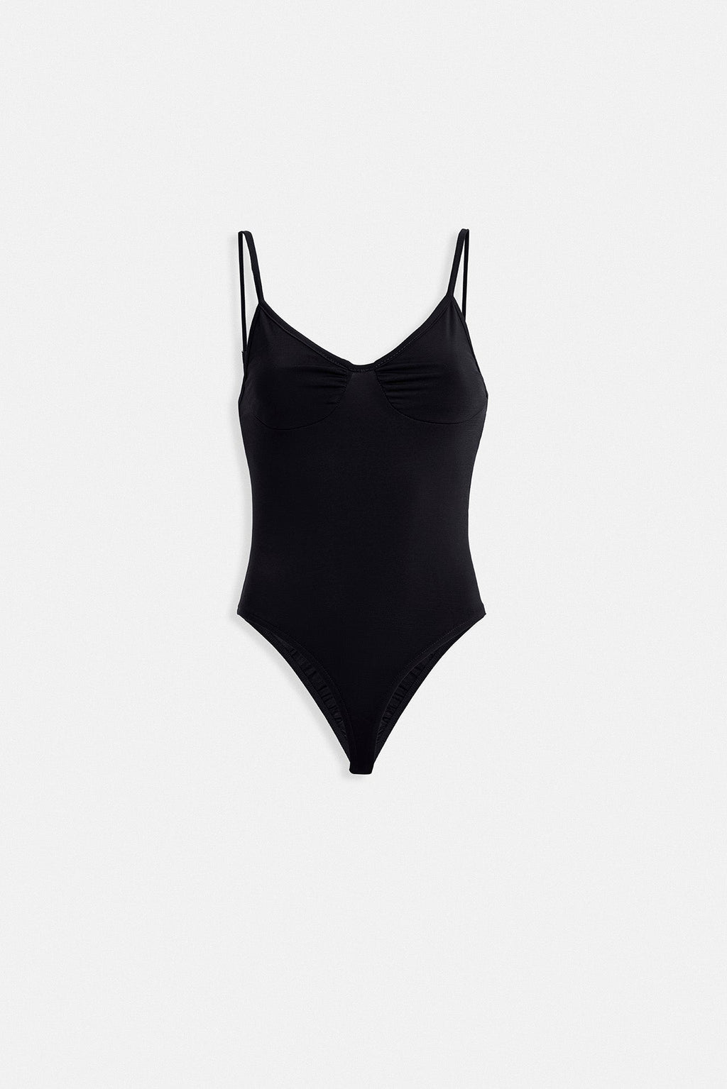 Front Ruched Strap Black Bodysuit