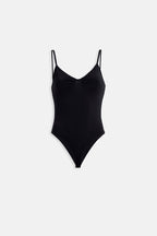 Front Ruched Strap Black Bodysuit