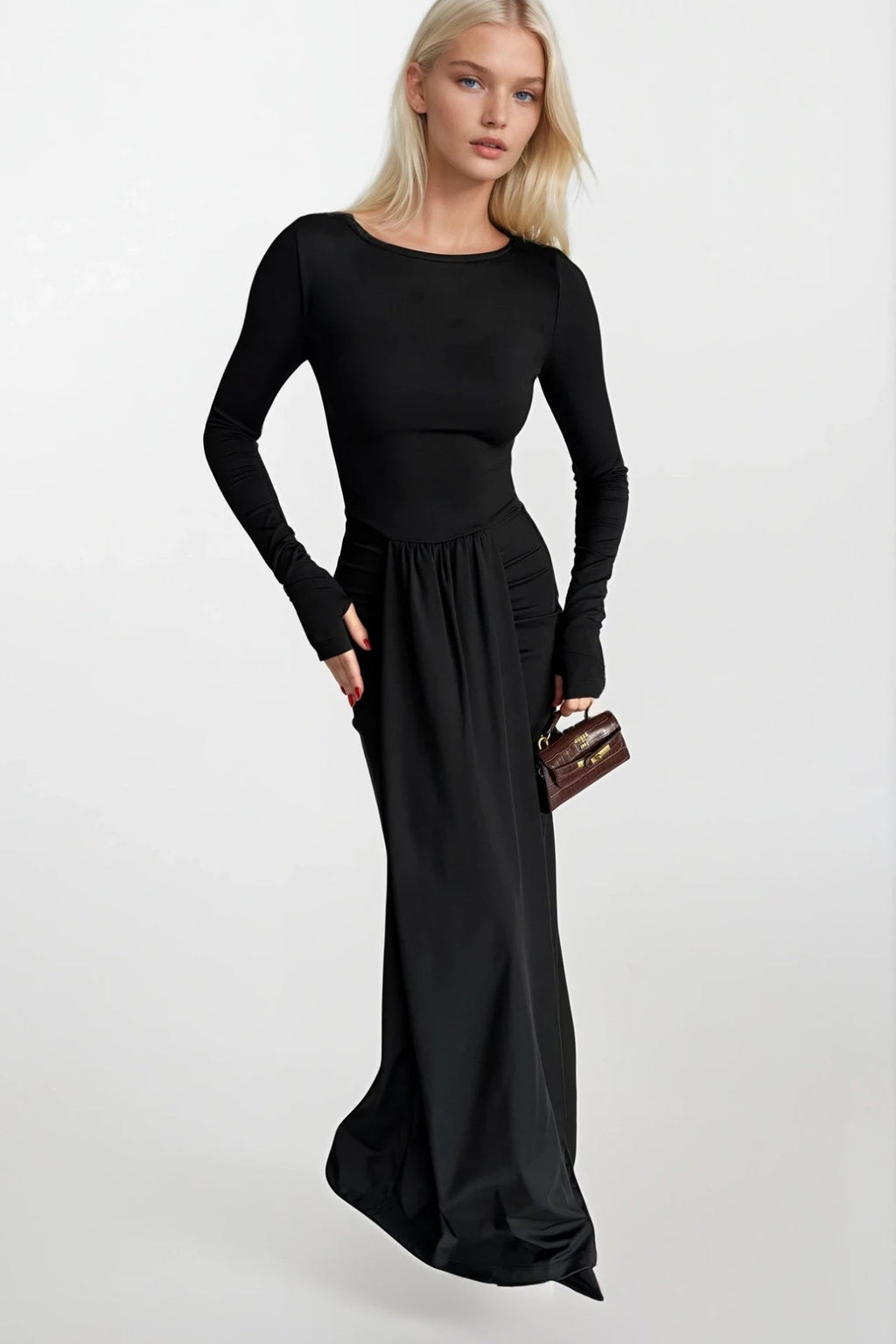 Ruched Front Black Maxi Dress