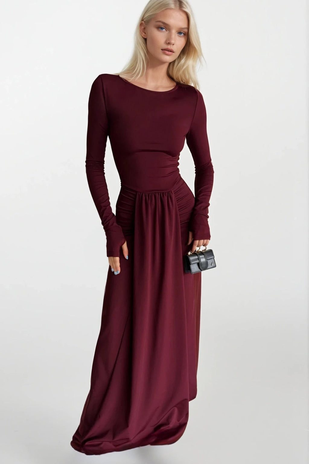 Ruched Front Burgundy Maxi Dress