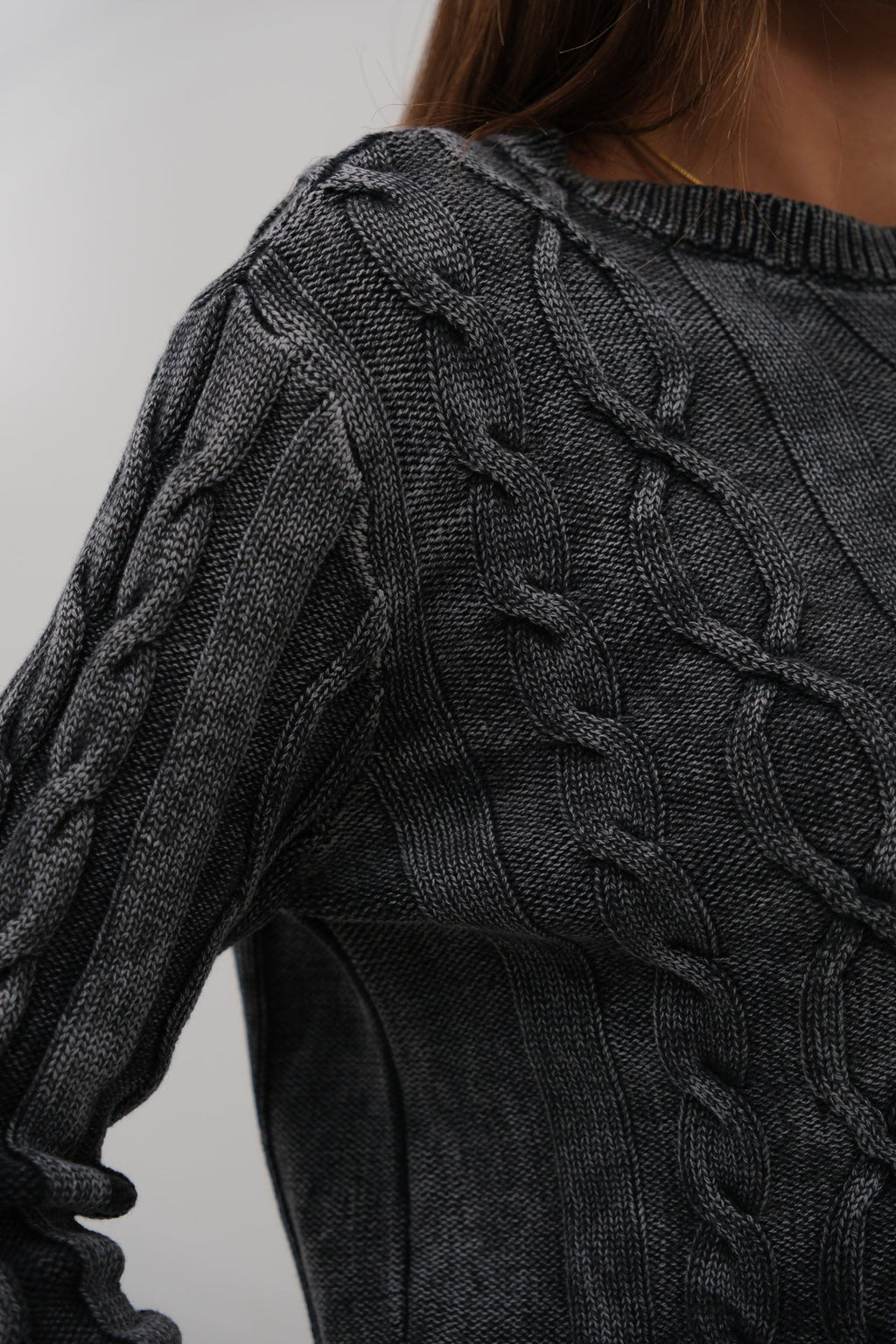 Knit Detail Asimetrik Washed Knit Gray Sweater