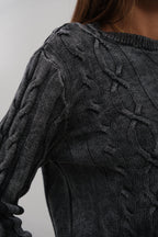 Knit Detail Asimetrik Washed Knit Gray Sweater