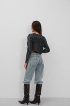 Knit Detail Asimetrik Washed Knit Gray Sweater