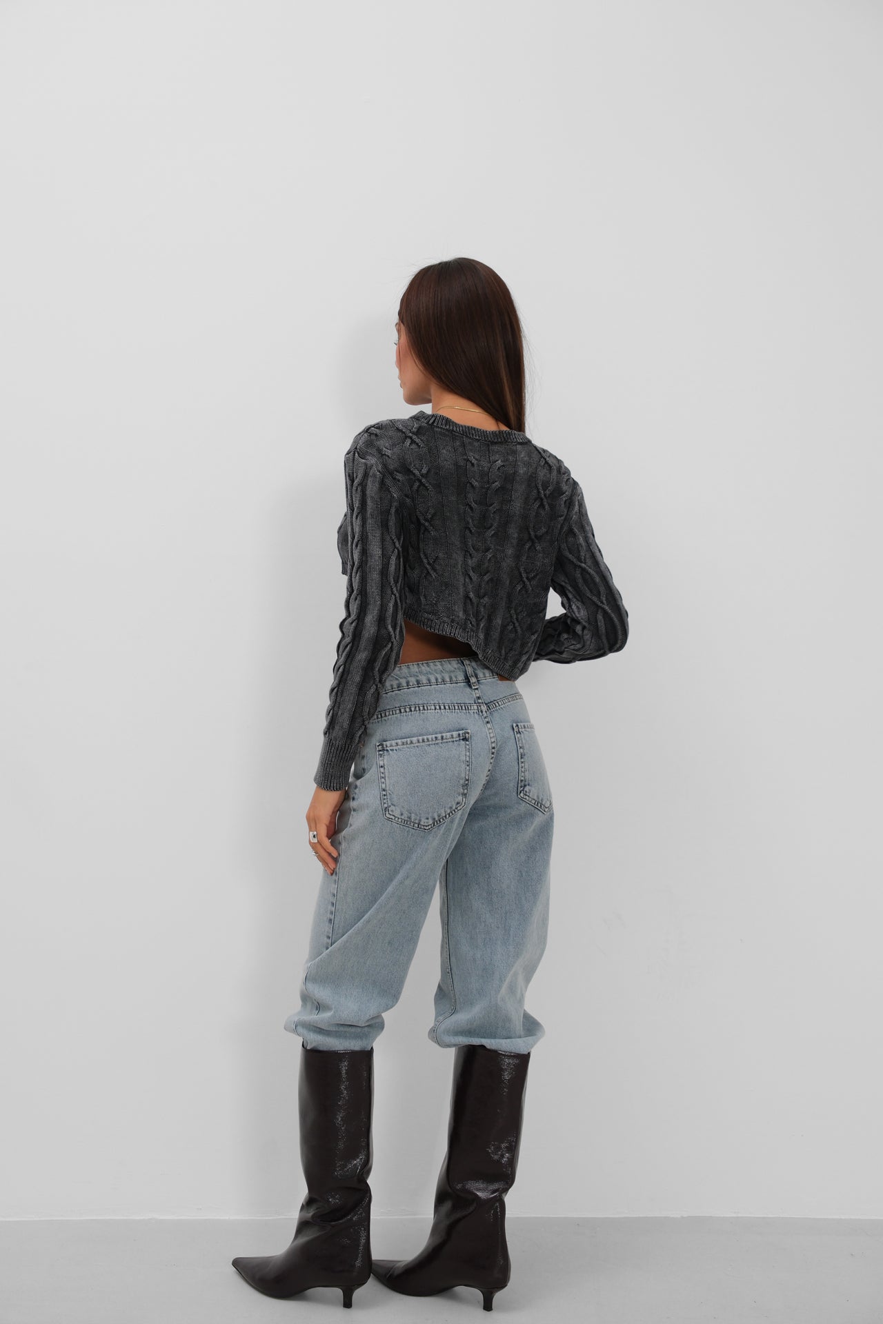 Knit Detail Asimetrik Washed Knit Gray Sweater