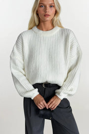 Knitted Detail Basic Ecru Knit Sweater