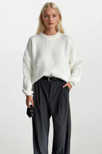 Knit Detail Basic Ecru Knit Sweater