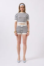 Knit Detail Striped Crop White Navy Blouse