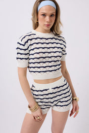 Knit Detail Striped Crop White Navy Blue Blouse