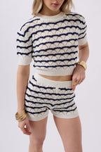 Knit Detail Striped Crop White Navy Blouse