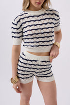 Knit Detail Striped Crop White Navy Blouse