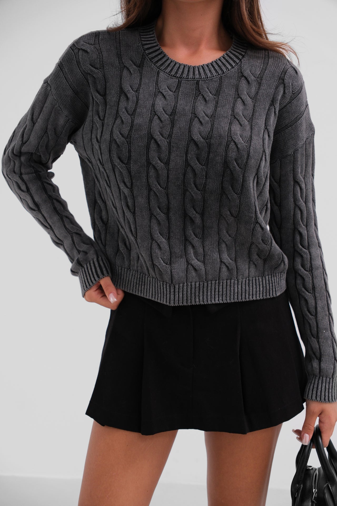 Knit Detailed Washed Crop Knit Sweater