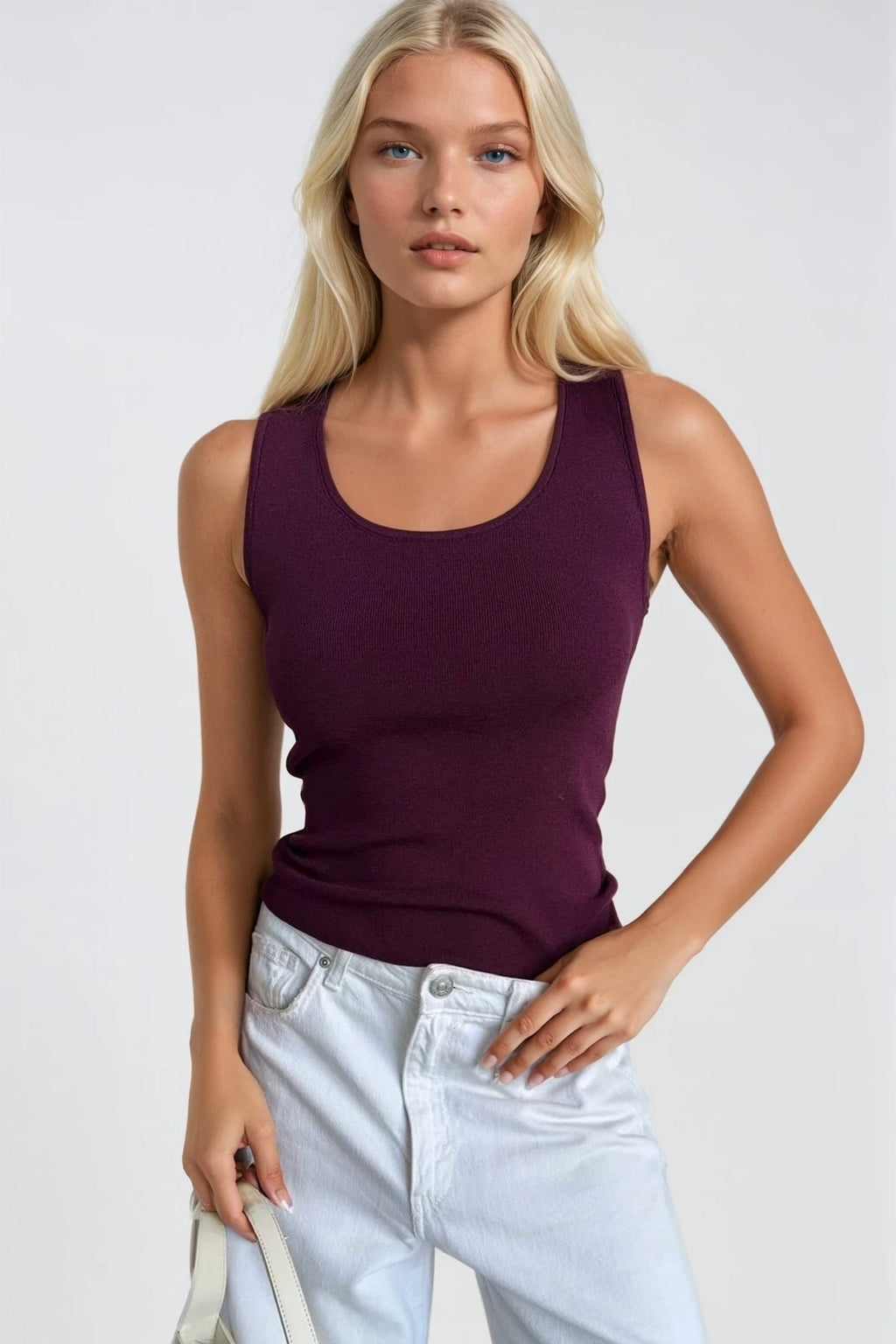 Oval Neck Basic Plum Knit Top