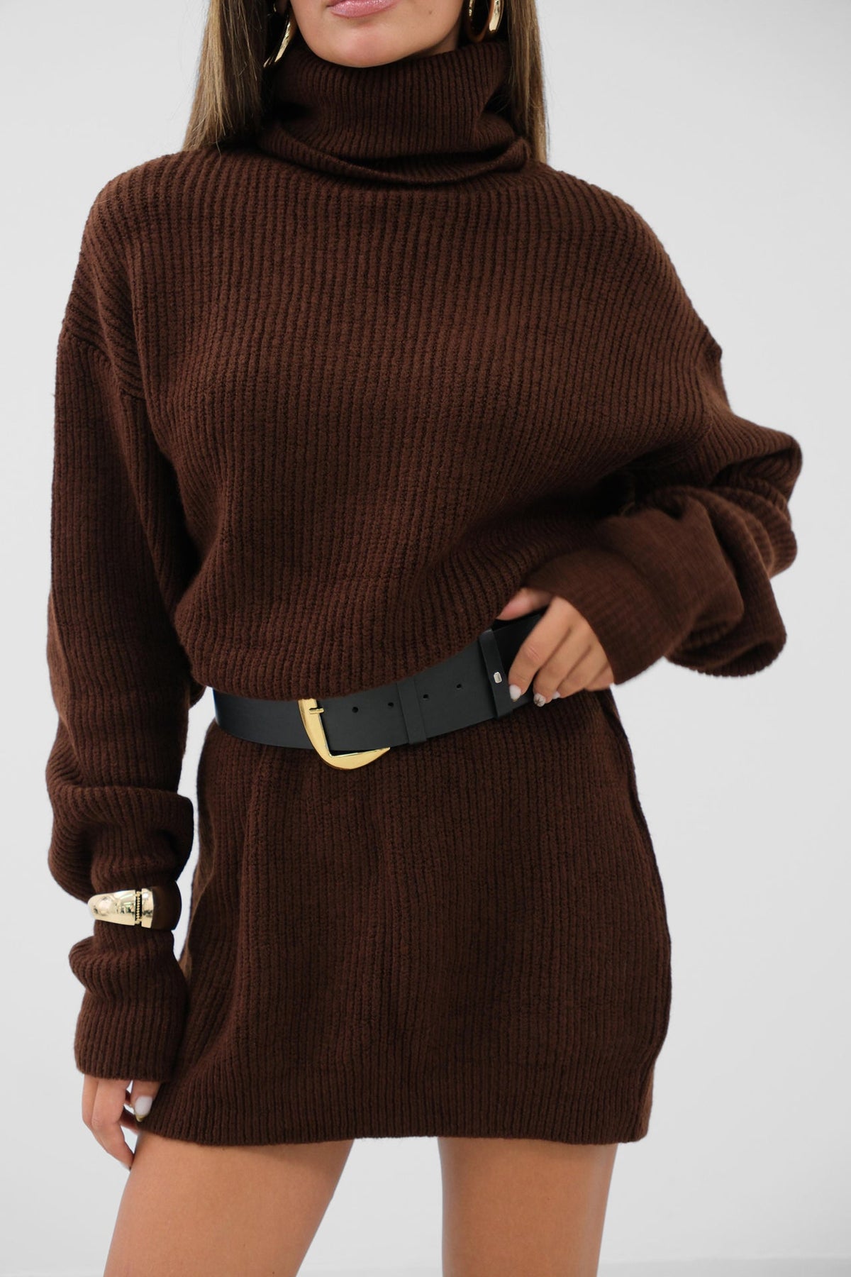 Oversized Turtleneck Brown Knit Tunic