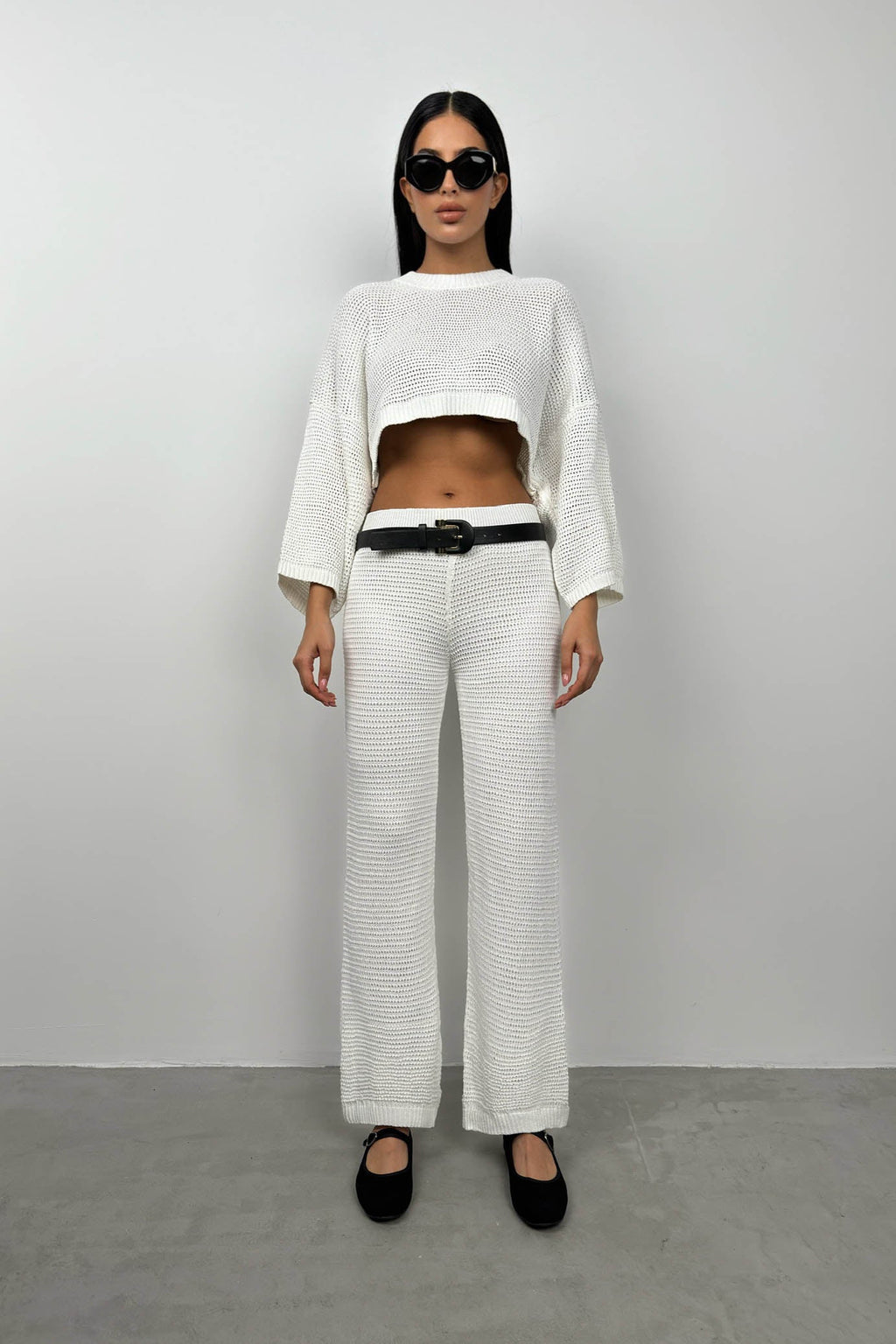 Oversize White Knit Blouse Pants Set