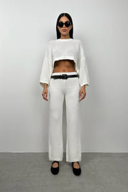 Oversized White Knitted Blouse Trouser Set