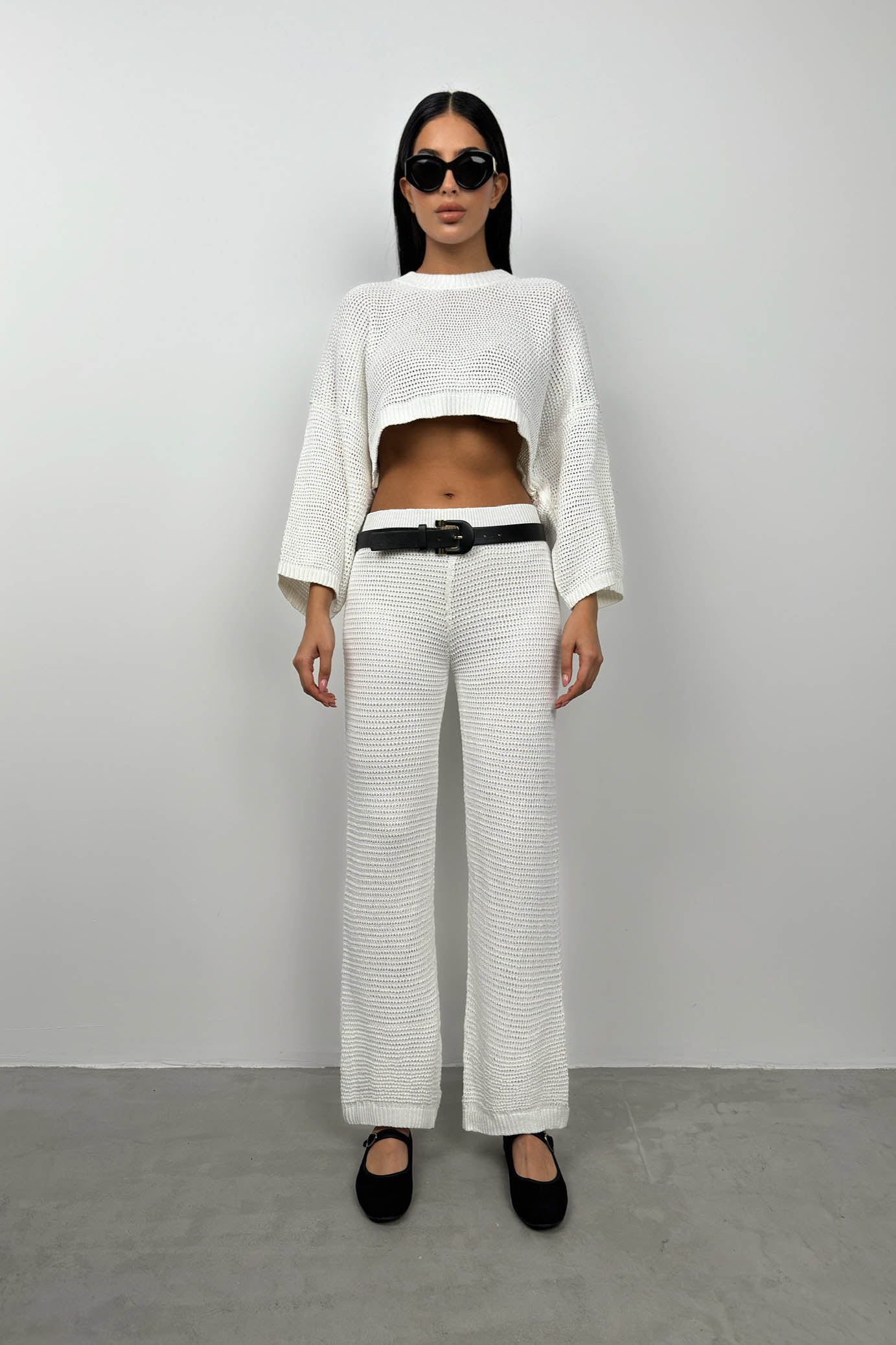 Oversize White Knit Blouse Pants Set