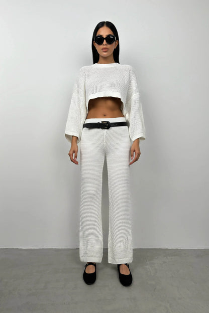 Oversize Knitted Blouse White Trousers Set