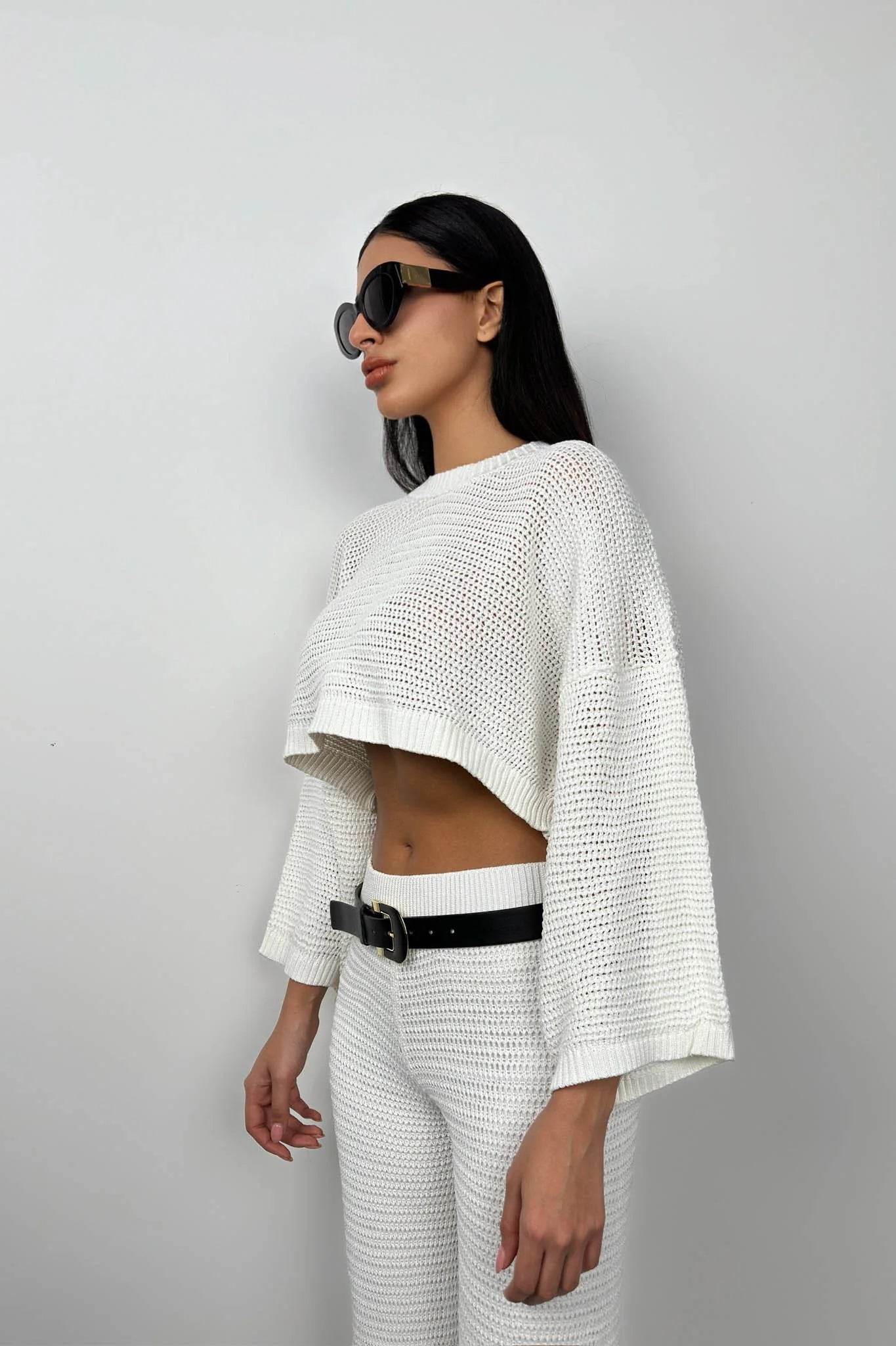 Oversize Knitted Blouse White Trousers Set