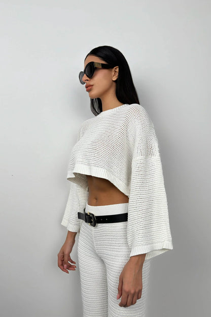 Oversize Knitted Blouse White Trousers Set