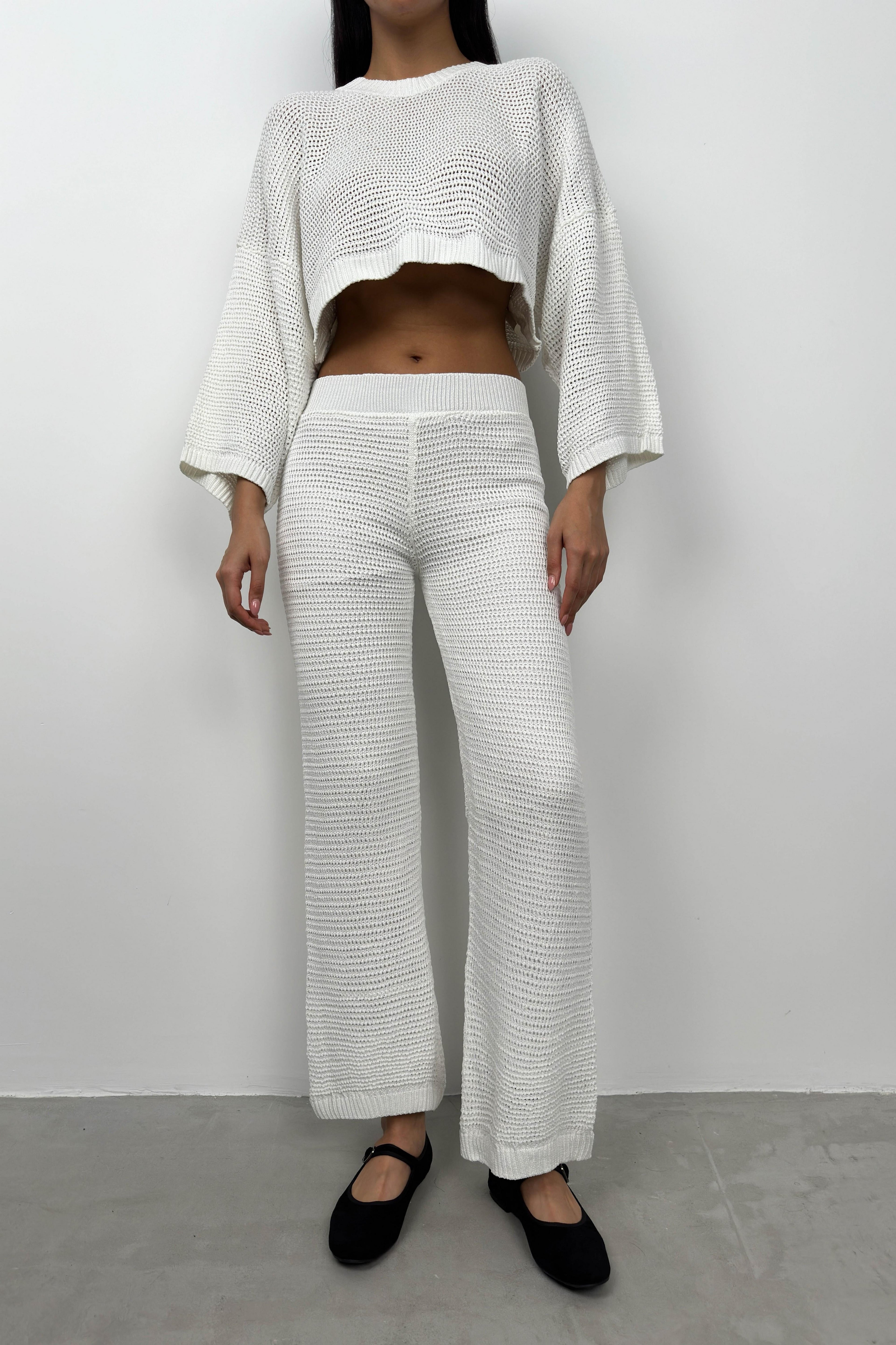 Oversize White Knit Blouse Pants Set