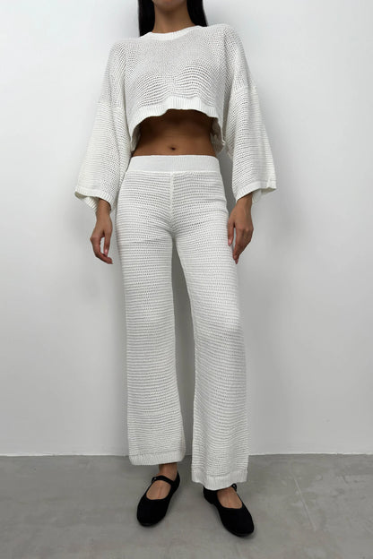 Oversize Knitted Blouse White Trousers Set