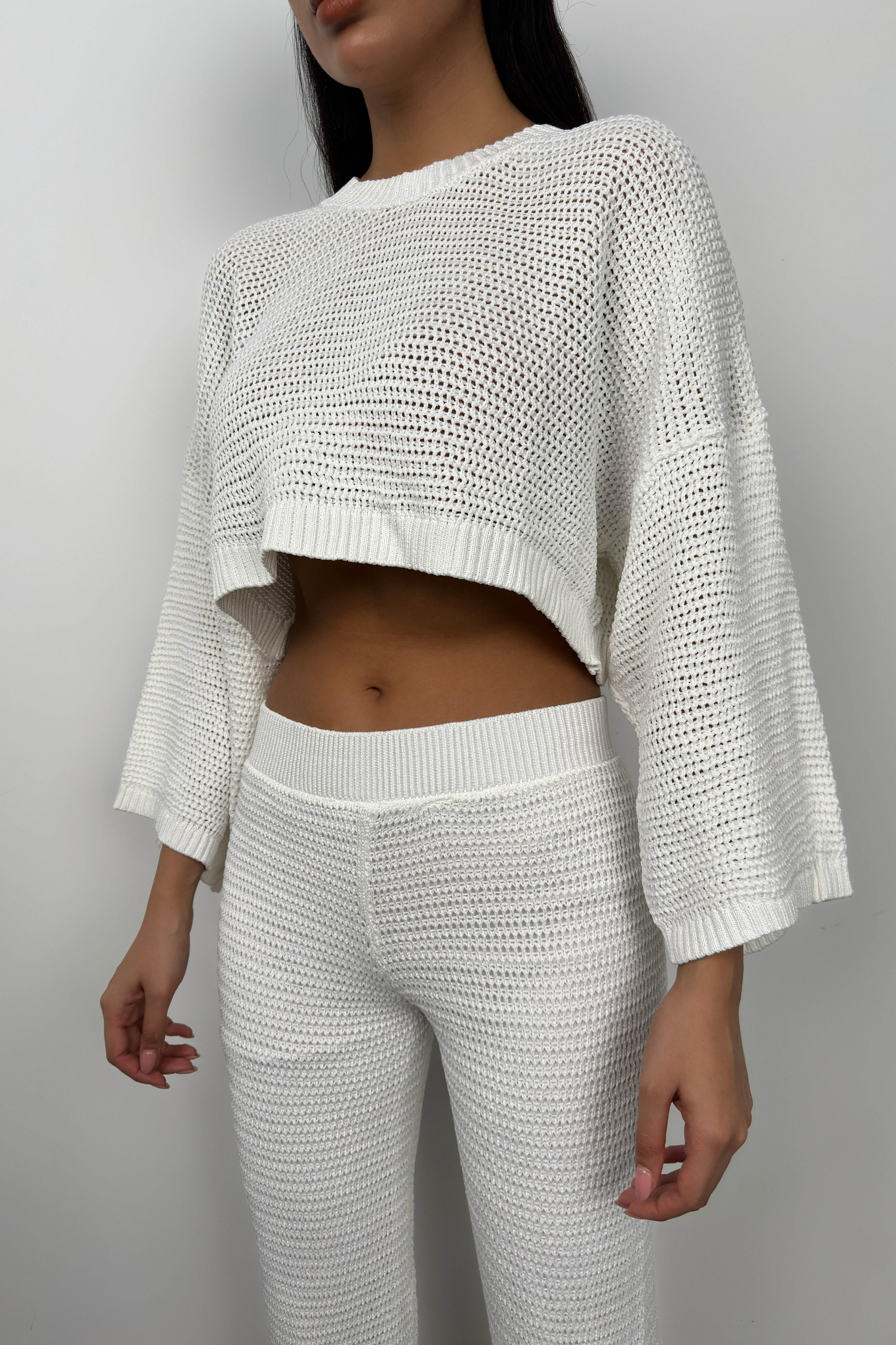 Oversize White Knit Blouse Pants Set