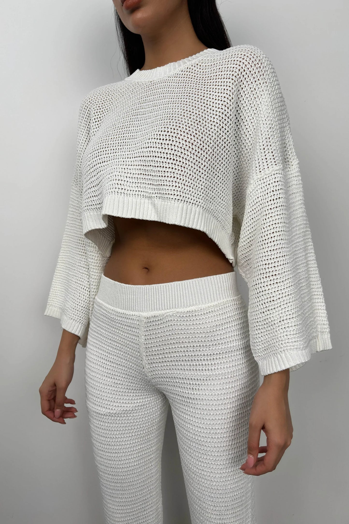 Oversize Knitted Blouse White Trousers Set