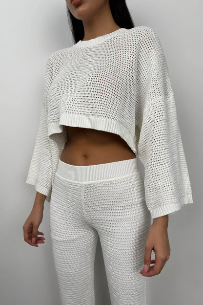 Oversize Knitted Blouse White Trousers Set