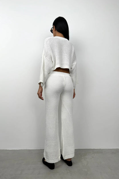 Oversize Knitted Blouse White Trousers Set
