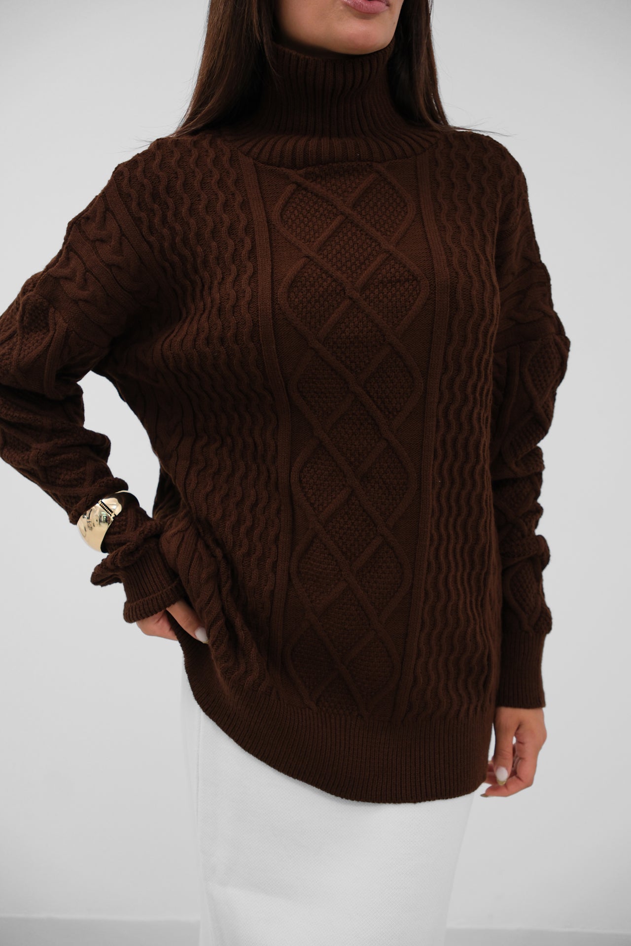 Oversize Turtleneck Brown Knit Sweater