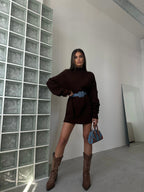 Oversize Bogazli Brown Knit Sweater