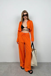 Oversized Crop Shirt Wide Leg Orange Trousers Set