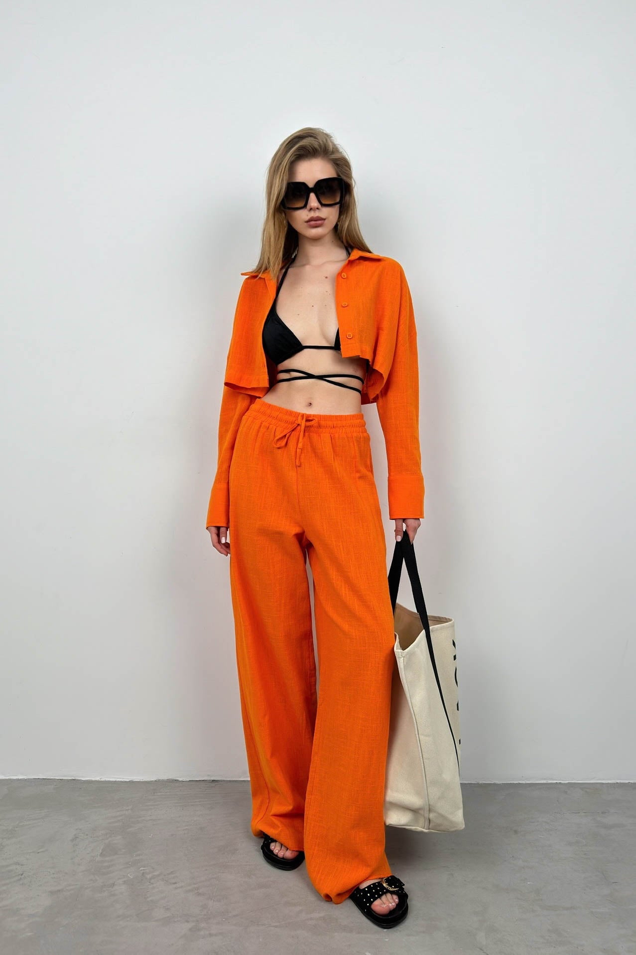 Oversize Crop Shirt Wide Leg Orange Pants Set