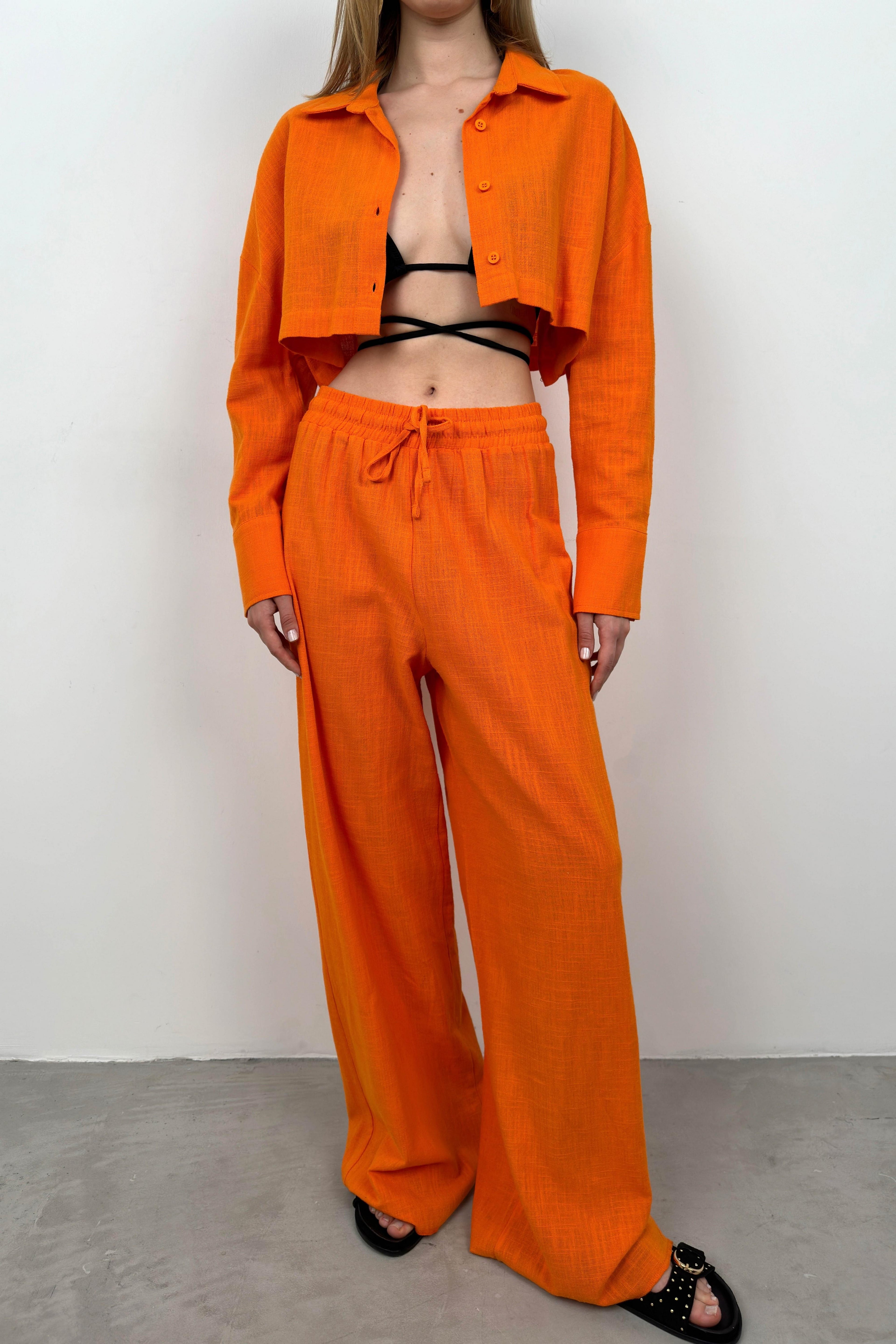 Oversize Crop Shirt Wide Leg Orange Pants Set