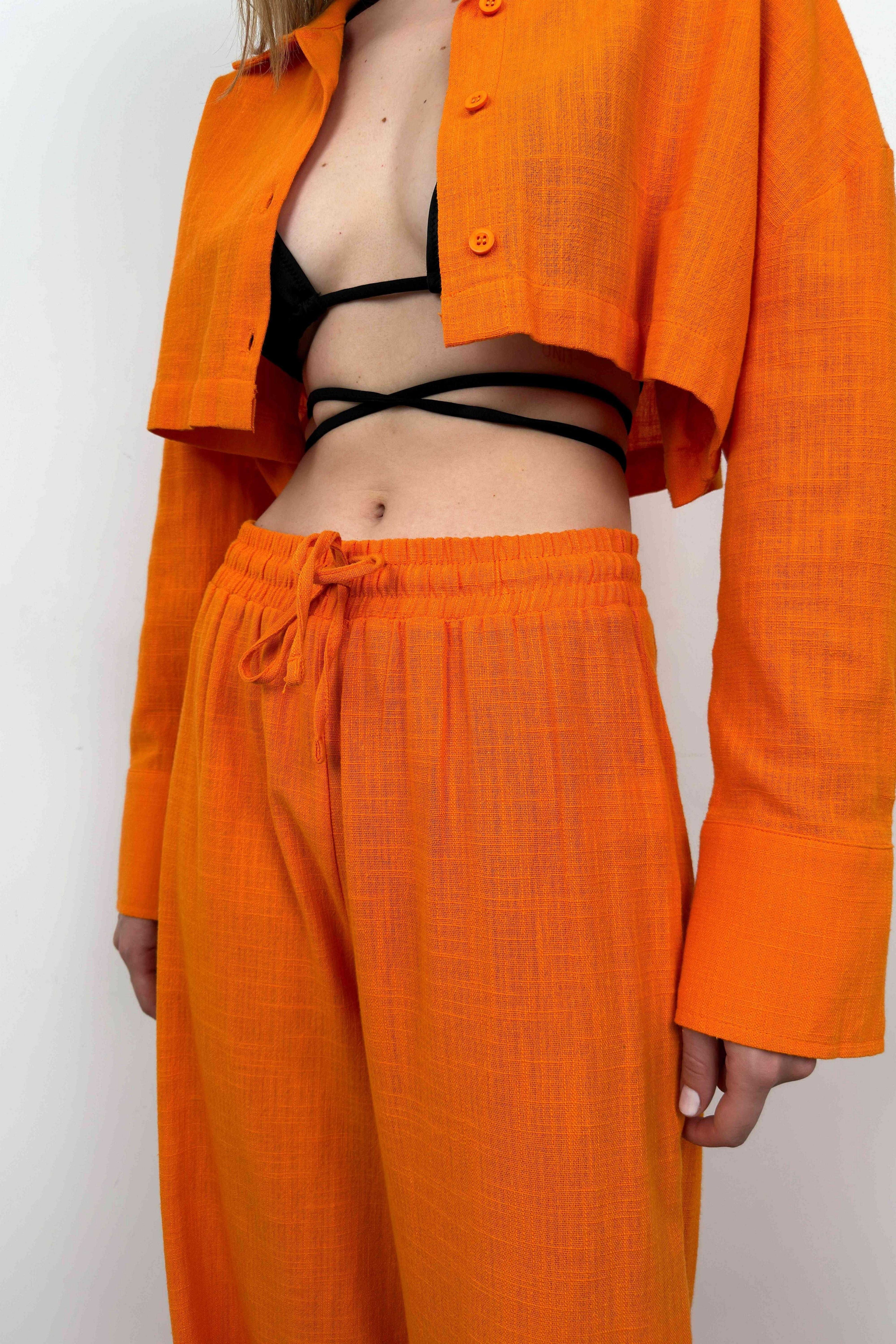 Oversize Crop Shirt Wide Leg Orange Pants Set