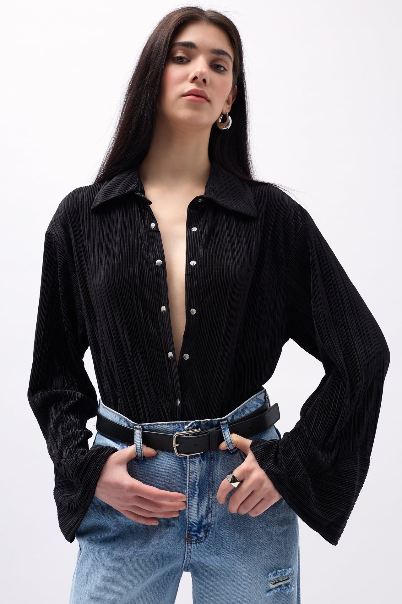 Oversize Textured Black Shirt