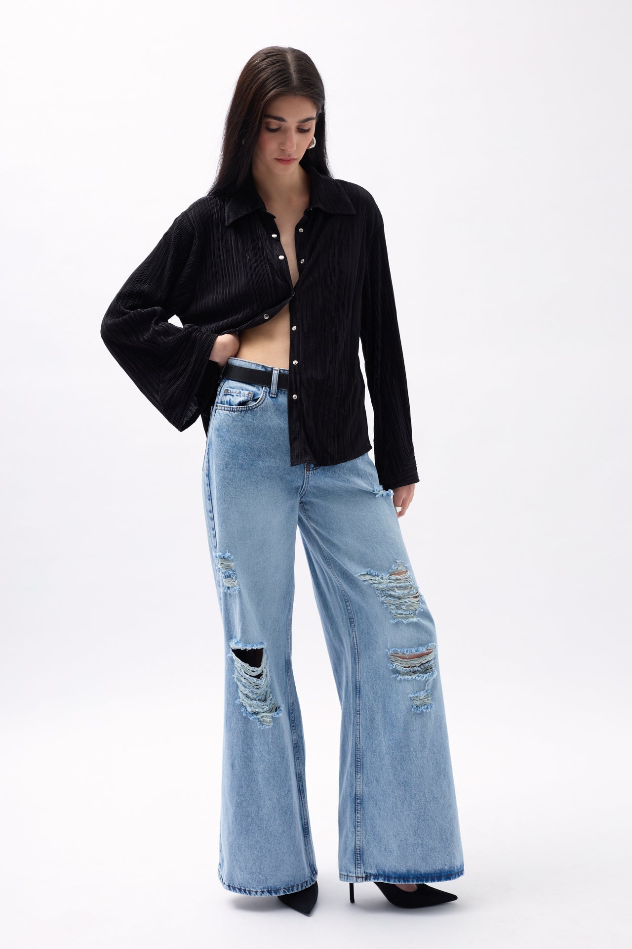 Oversize Textured Black Shirt