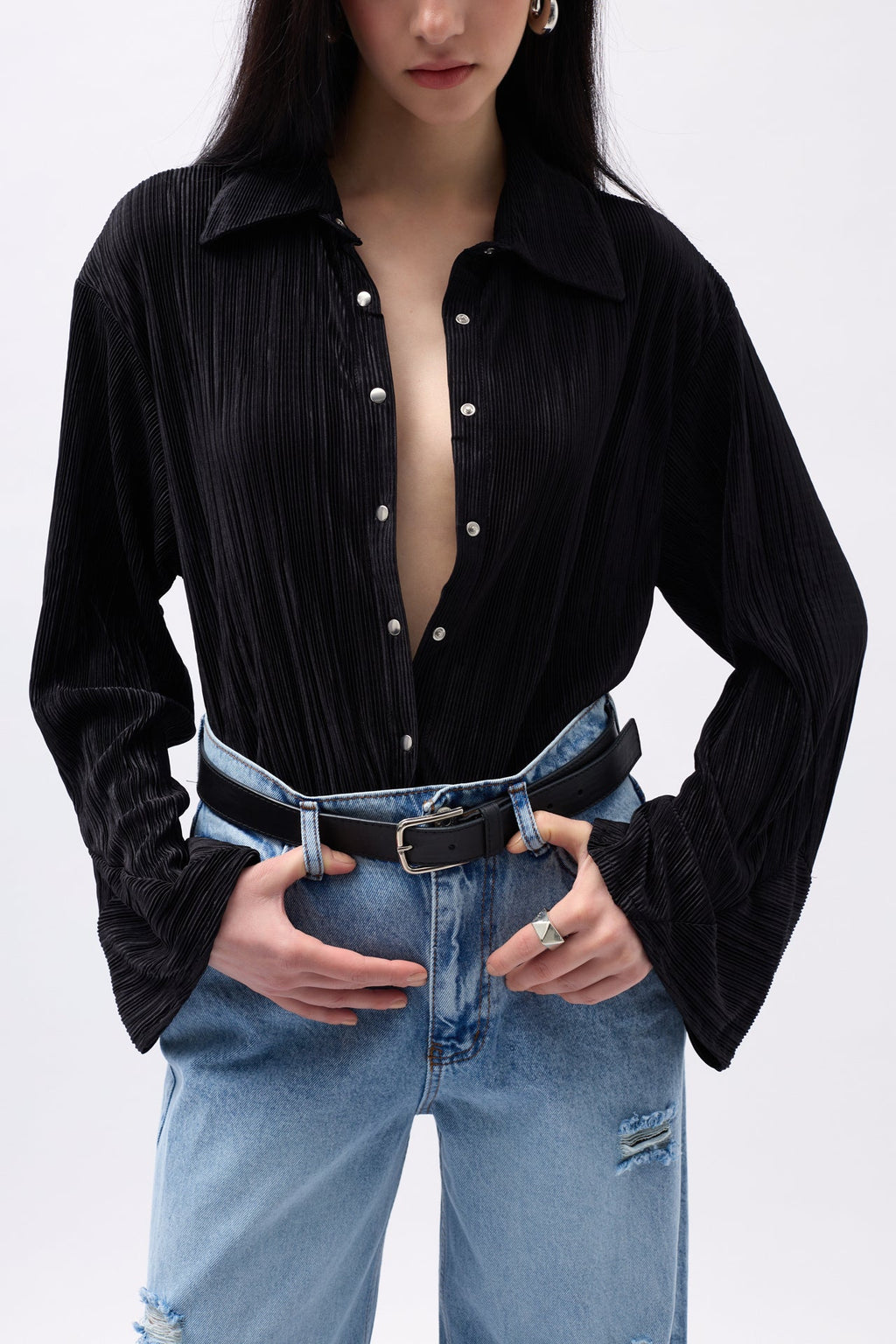 Oversize Textured Black Shirt