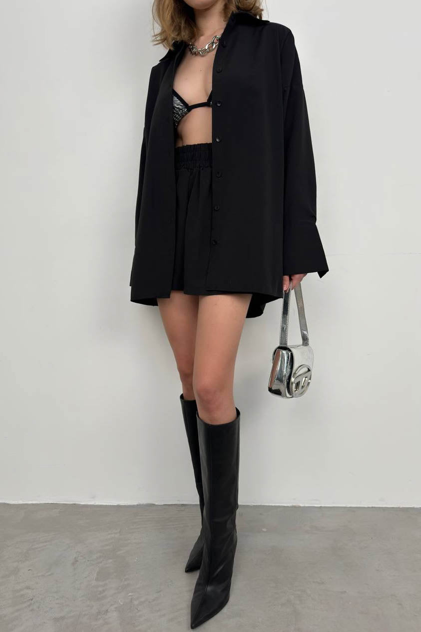 Oversize Shirt Ruched Black Shorts Set
