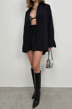 Oversize Shirt Ruched Black Shorts Set