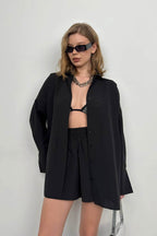 Oversize Shirt Ruched Black Shorts Set