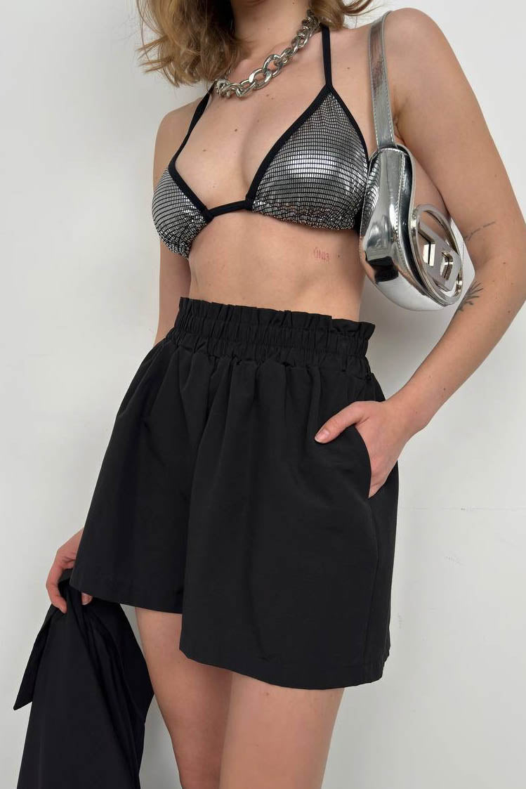Oversize Shirt Ruched Black Shorts Set