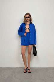 Oversized Shirt Shirred Saxe Blue Shorts Set