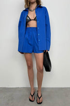 Oversize Shirt Ruched Sax Blue Shorts Set