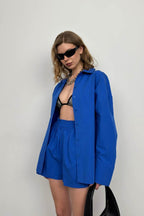 Oversize Shirt Ruched Sax Blue Shorts Set