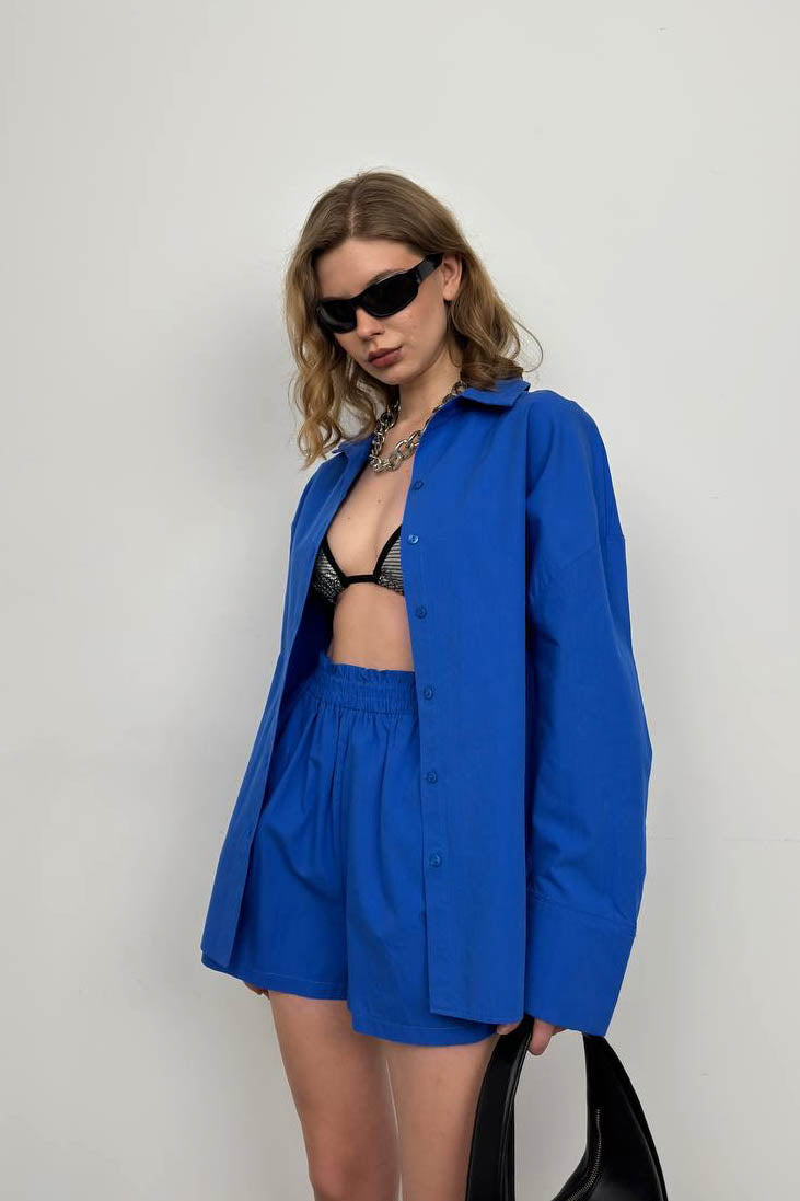 Oversize Shirt Ruched Sax Blue Shorts Set