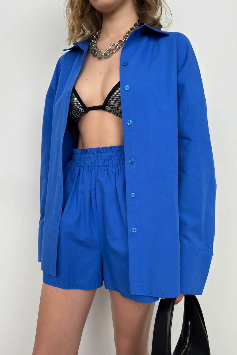 Oversize Shirt Ruched Sax Blue Shorts Set